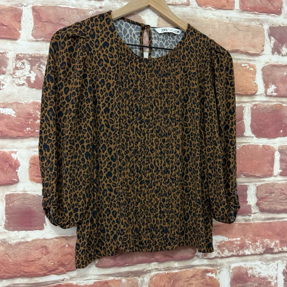 Zara Top Women's Large Brown Black Animal Print Casual Career Pleated Shirt - Picture 2 of 8